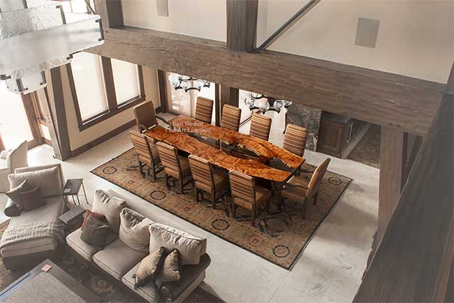 custom made slab dining table from above and further away with chairs